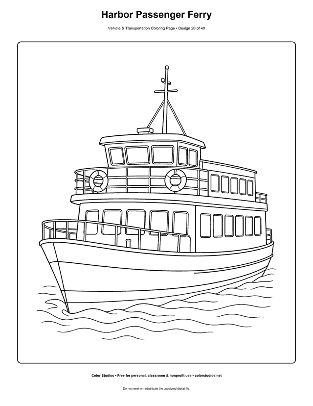 Harbor Passenger Ferry: generic two-deck passenger ferry is shown alone in a three-quarter bow view on three broad water ripples printable coloring page.