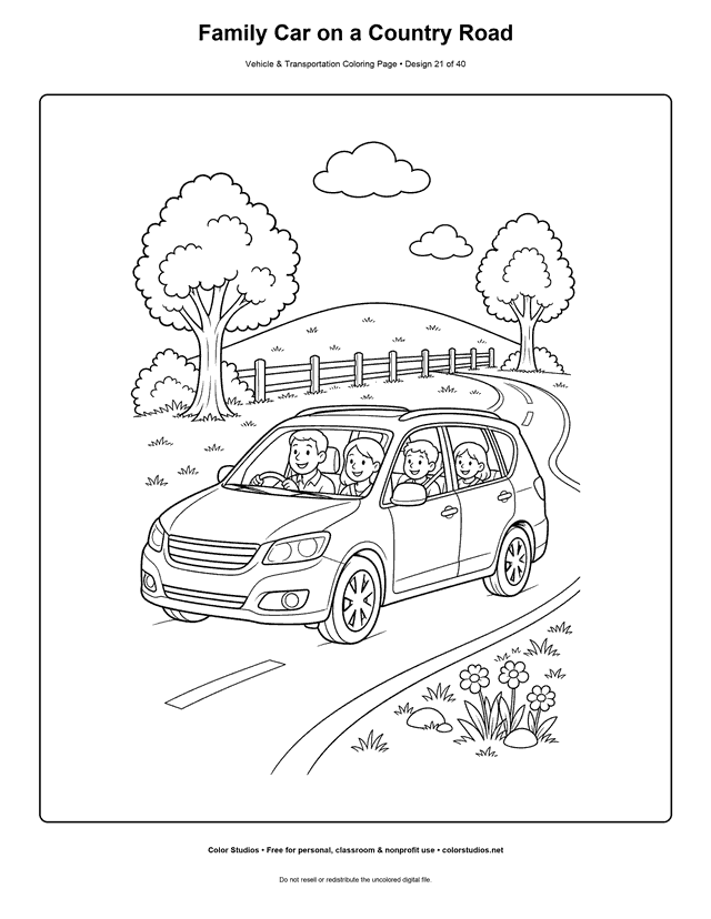 Family Car on a Country Road: generic family car drives in a clear three-quarter view along one gently curving country road printable coloring page.