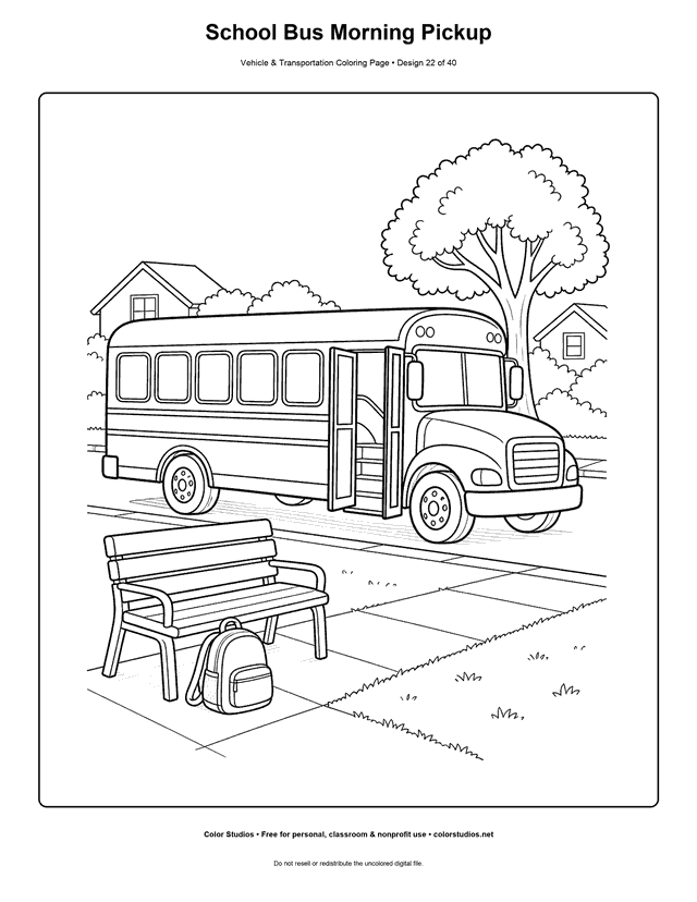 School Bus Morning Pickup: generic school bus has stopped parallel to a curb at a quiet neighborhood pickup point printable coloring page.
