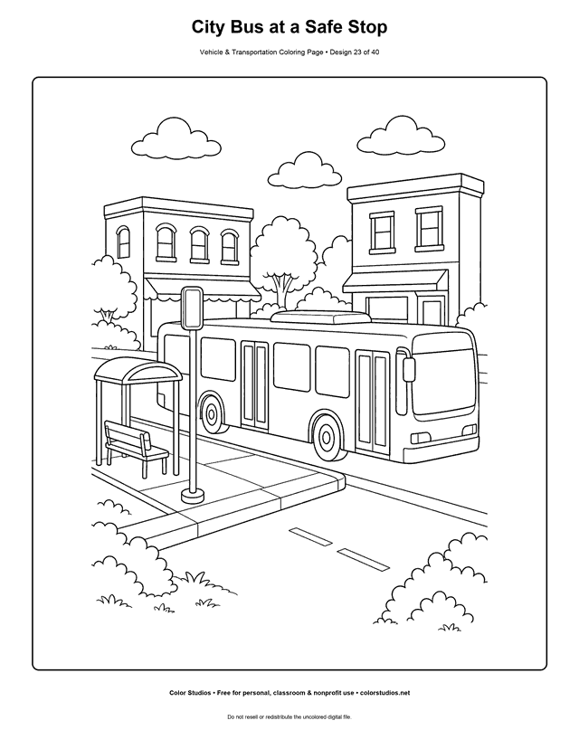 City Bus at a Safe Stop: generic city bus waits beside a raised curb in a simple town street printable coloring page.