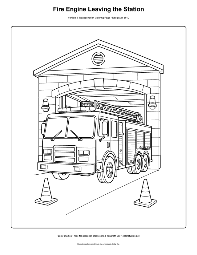 Fire Engine Leaving the Station: generic fire engine rolls slowly out of a wide station doorway in a three-quarter front view printable coloring page.