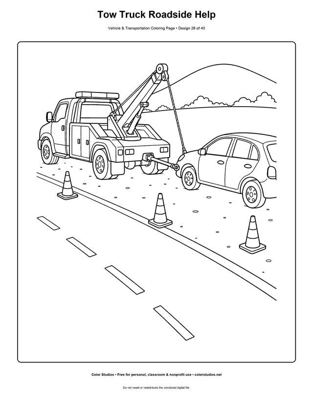Tow Truck Roadside Help: generic tow truck is parked safely behind a small generic car on a wide roadside shoulder printable coloring page.