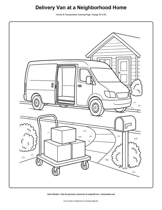 Delivery Van at a Neighborhood Home: plain delivery van is parked at the curb beside a small house printable coloring page.