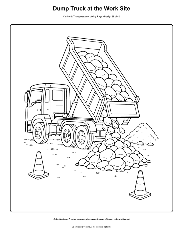 Dump Truck at the Work Site: generic dump truck tips one load of large rounded stones into a clearly marked ground pile at a simple work site printable coloring page.