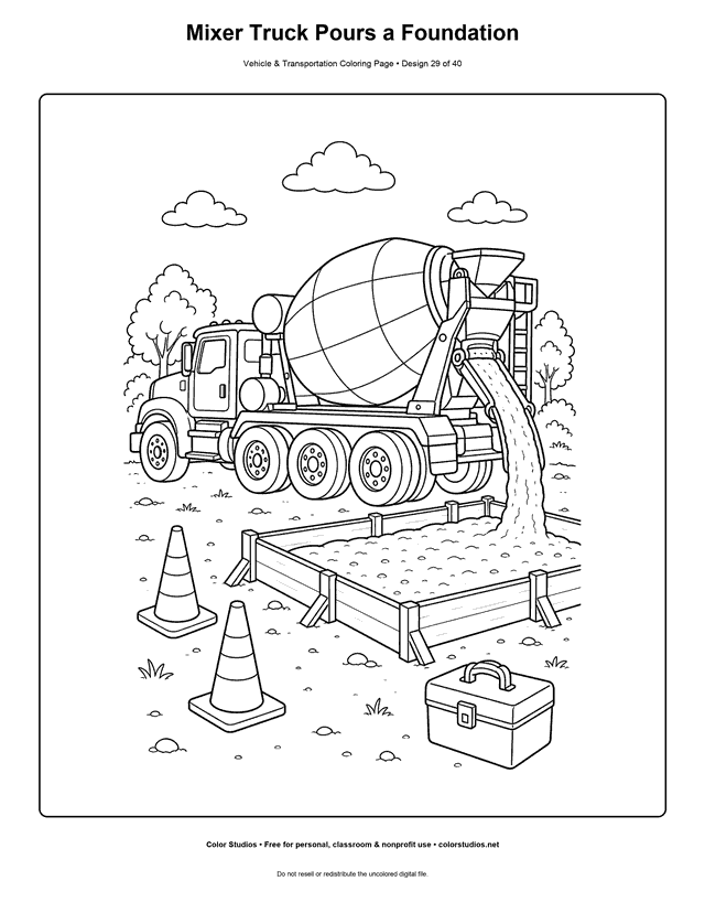 Mixer Truck Pours a Foundation: generic cement mixer truck stands beside a simple rectangular foundation form printable coloring page.