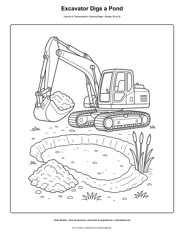 Excavator Digs a Pond: generic tracked excavator digs one shallow pond basin in a clear side view printable coloring page.