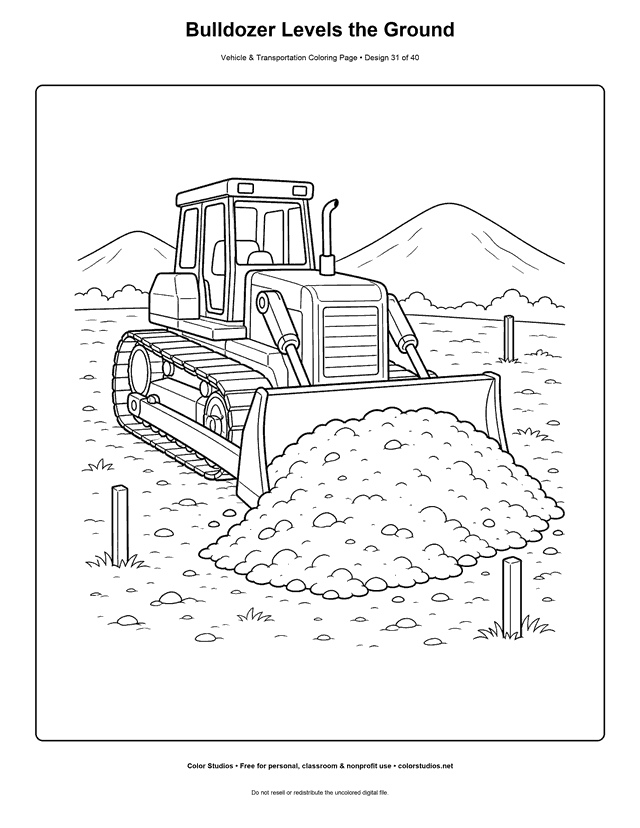 Bulldozer Levels the Ground: generic bulldozer moves one broad mound of loose soil across a simple work area printable coloring page.