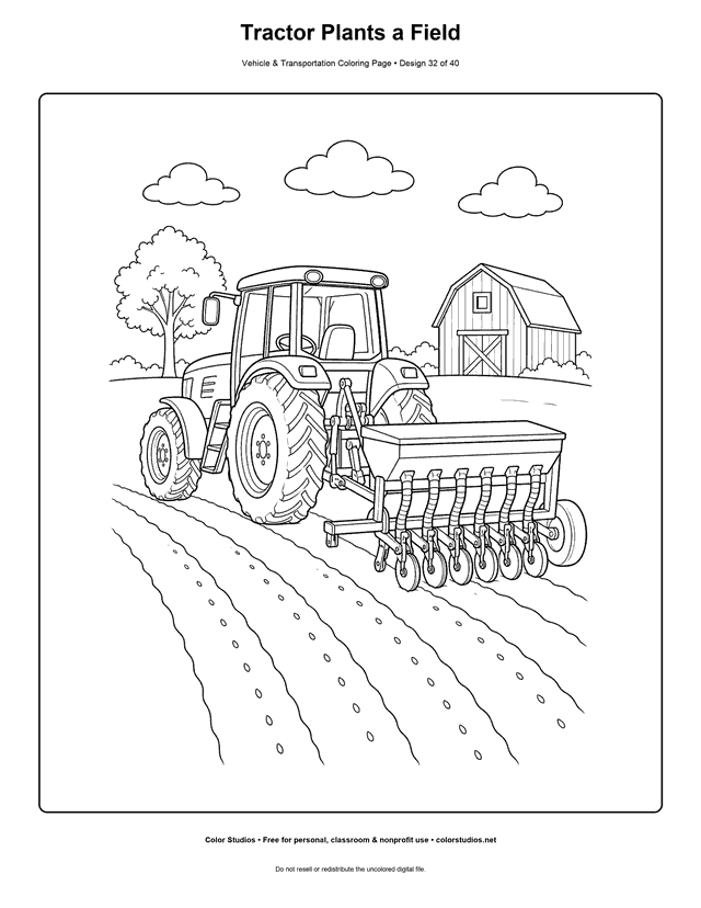 Tractor Plants a Field: generic farm tractor pulls one simple seed drill across four broad field rows printable coloring page.