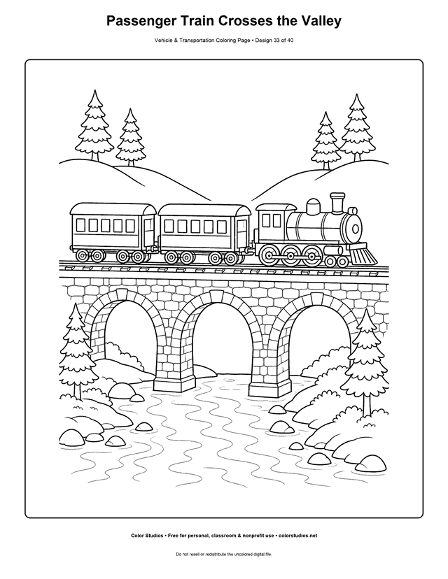 Passenger Train Crosses the Valley: generic passenger locomotive pulls two matching coaches across a sturdy stone bridge in side view printable coloring page.