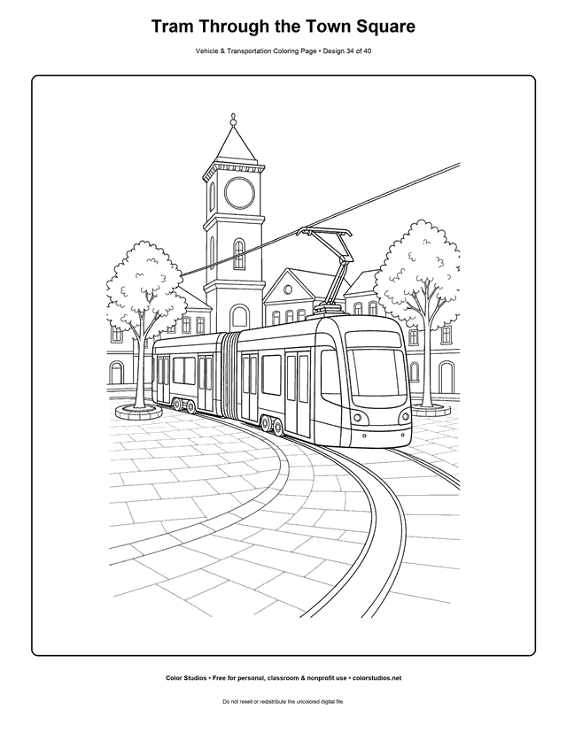 Tram Through the Town Square: generic articulated tram moves along two rails through a quiet town square printable coloring page.