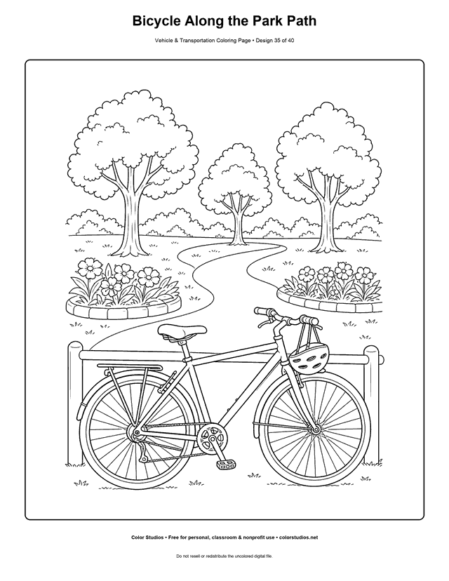 Bicycle Along the Park Path: complete generic bicycle leans safely against a low park rail beside a curving path printable coloring page.