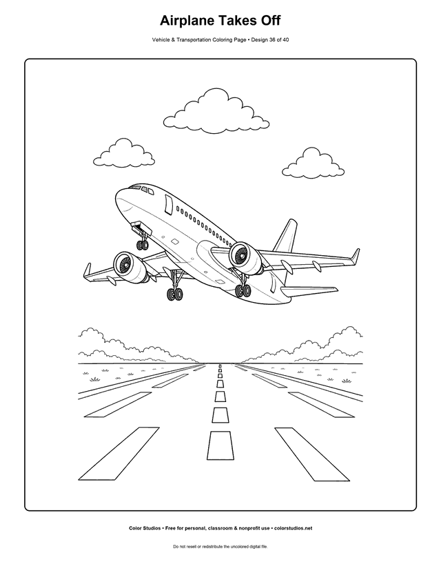 Airplane Takes Off: generic twin-engine passenger jet lifts just above a runway in a safe three-quarter underside view printable coloring page.
