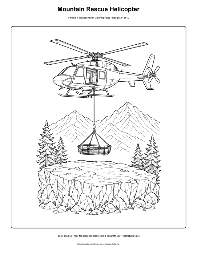 Mountain Rescue Helicopter: generic rescue helicopter hovers level above a broad mountain ledge printable coloring page.