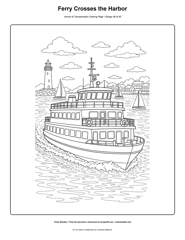 Ferry Crosses the Harbor: generic two-deck passenger ferry crosses a calm harbor in three-quarter bow view printable coloring page.