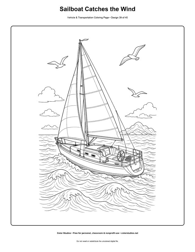 Sailboat Catches the Wind: generic family sailboat heels gently across open water in a safe three-quarter view printable coloring page.