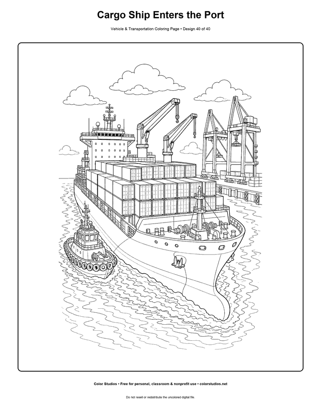 Cargo Ship Enters the Port: generic container ship enters a working port in a clear three-quarter bow view printable coloring page.