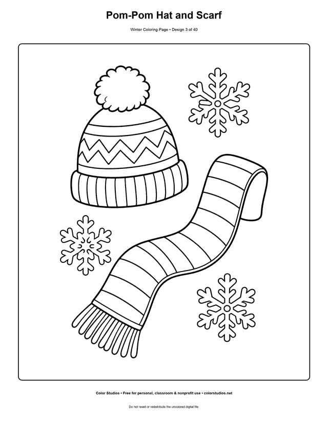 Pom-Pom Hat and Scarf free printable winter coloring page.