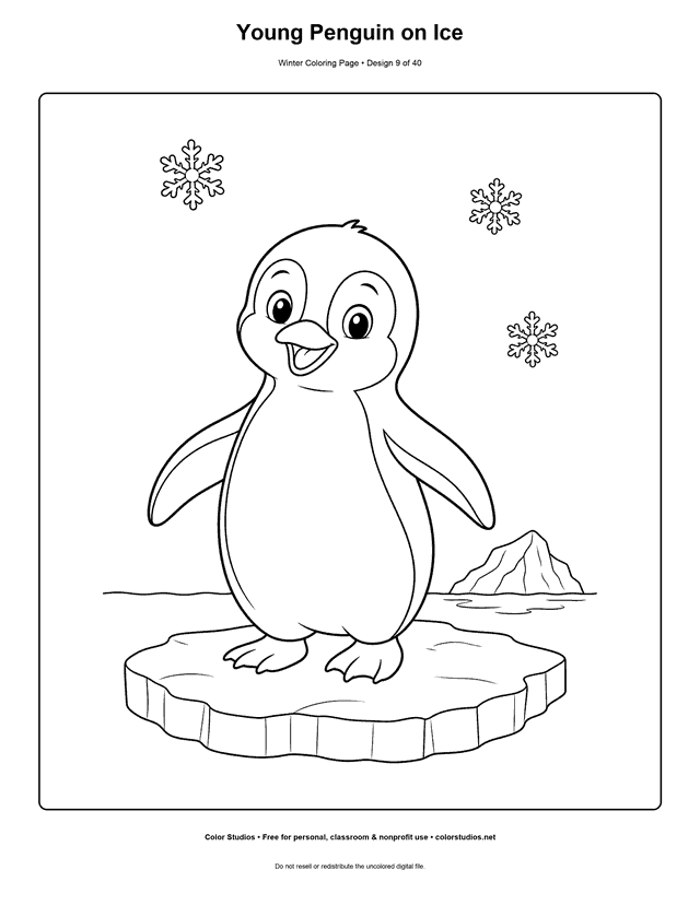 Young Penguin on Ice free printable winter coloring page.