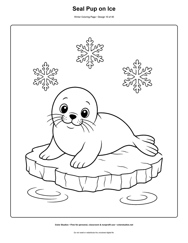 Seal Pup on Ice free printable winter coloring page.