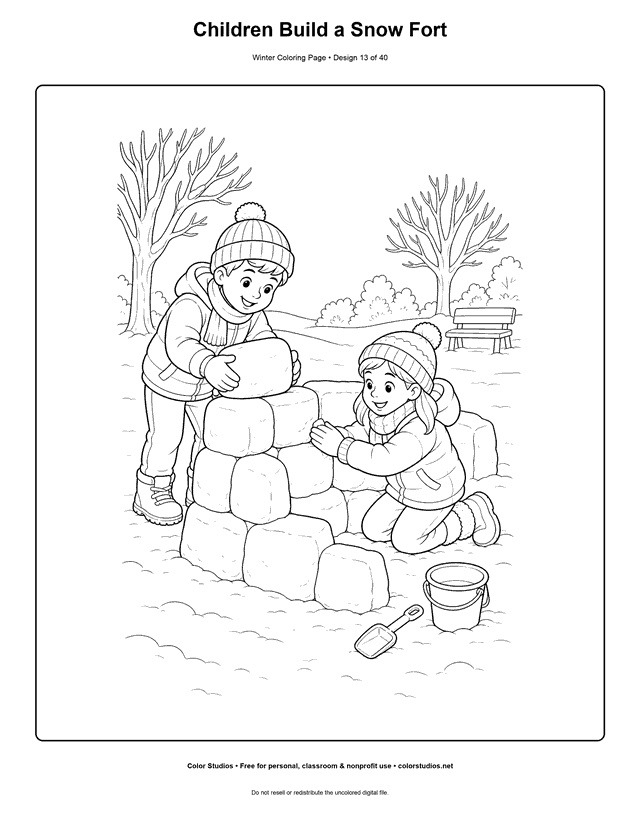 Children Build a Snow Fort free printable winter coloring page.