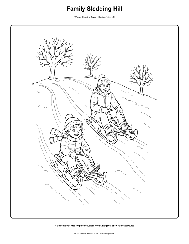 Family Sledding Hill free printable winter coloring page.