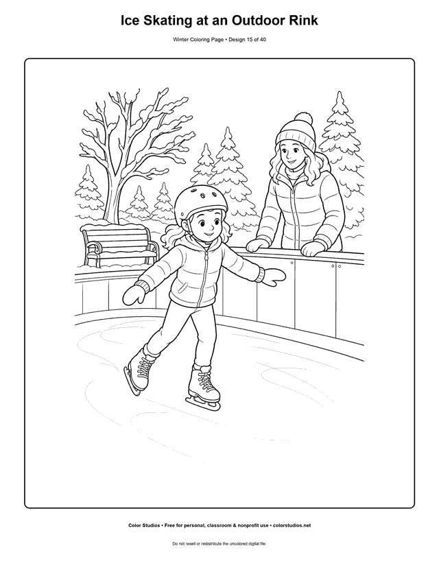 Ice Skating at an Outdoor Rink free printable winter coloring page.