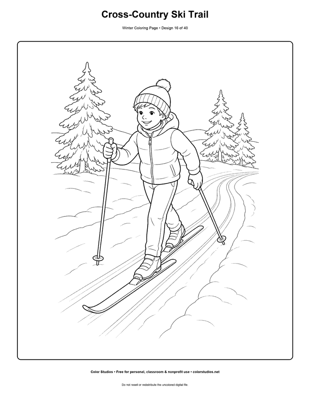 Cross-Country Ski Trail free printable winter coloring page.