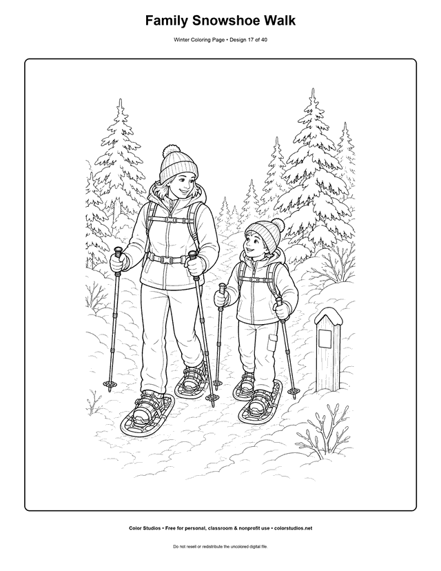 Family Snowshoe Walk free printable winter coloring page.