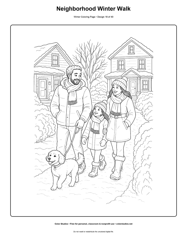 Neighborhood Winter Walk free printable winter coloring page.
