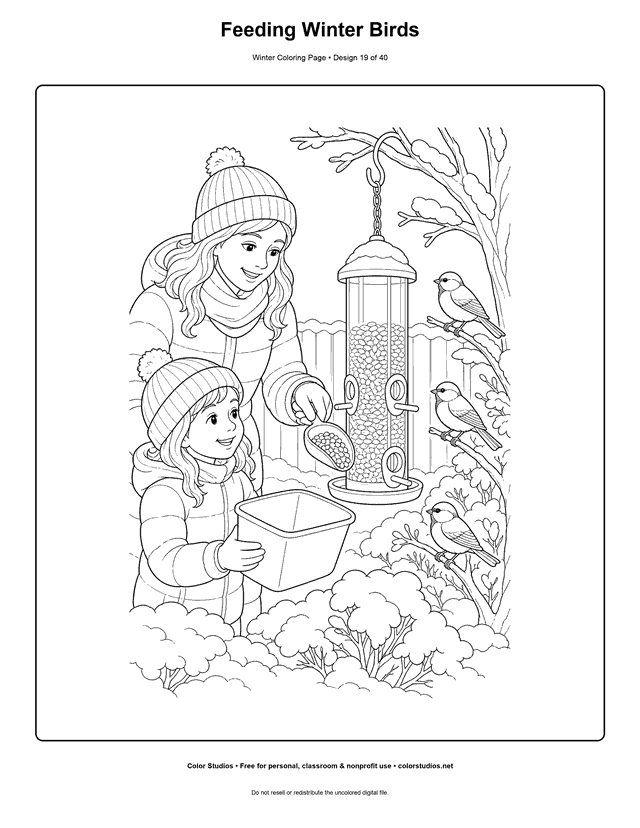 Feeding Winter Birds free printable winter coloring page.