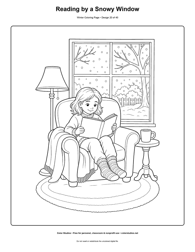 Reading by a Snowy Window free printable winter coloring page.