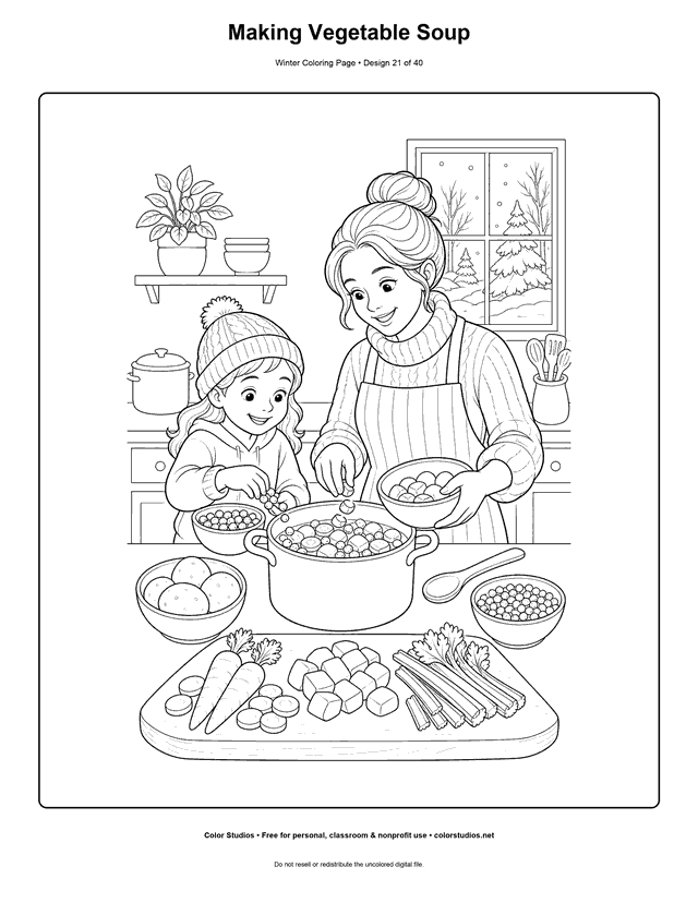 Making Vegetable Soup free printable winter coloring page.