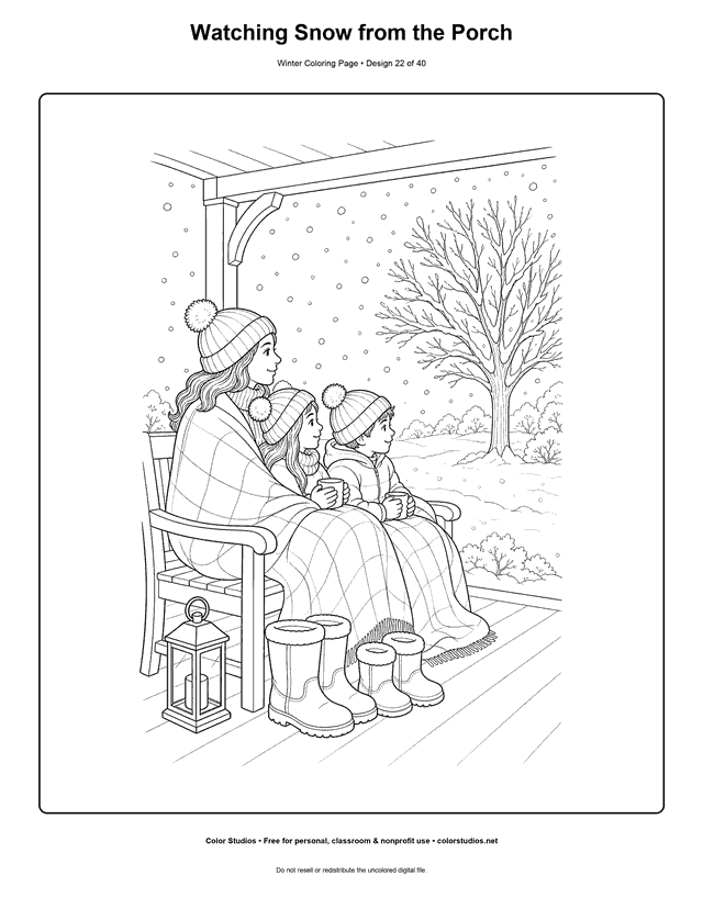 Watching Snow from the Porch free printable winter coloring page.