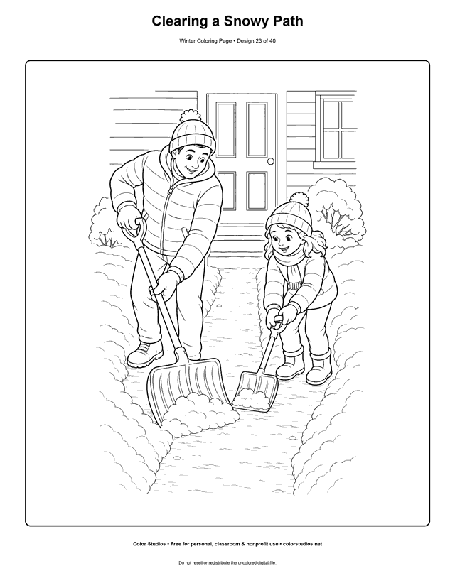Clearing a Snowy Path free printable winter coloring page.