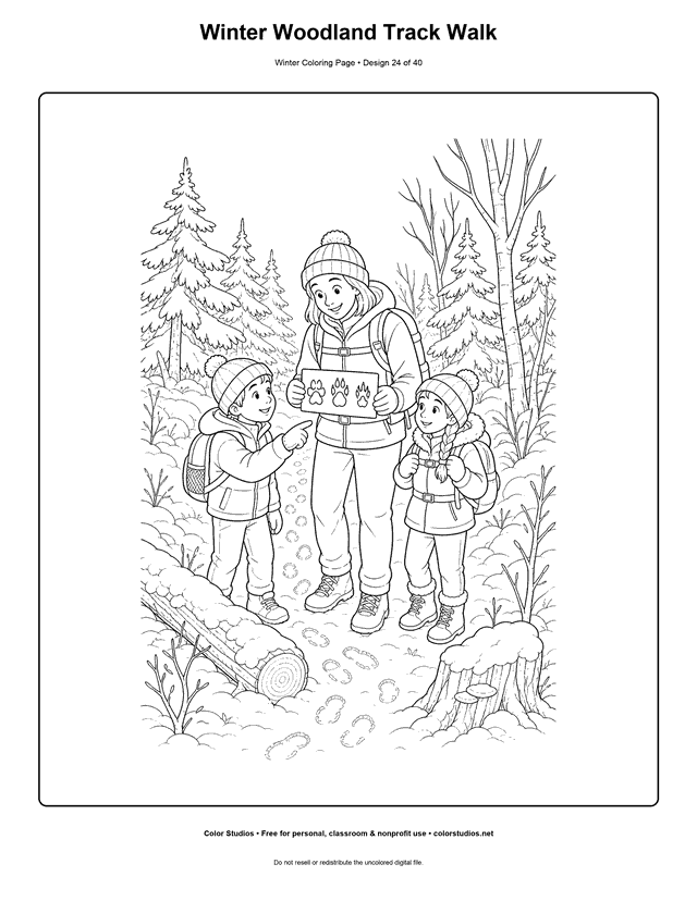 Winter Woodland Track Walk free printable winter coloring page.