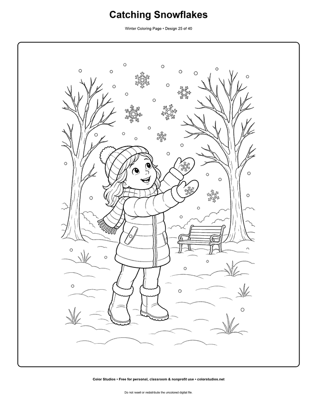 Catching Snowflakes free printable winter coloring page.