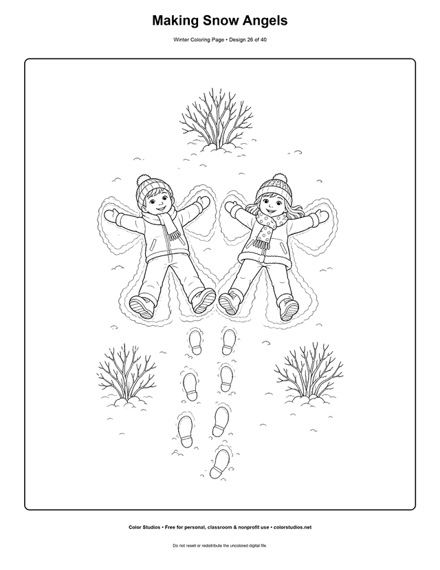 Making Snow Angels free printable winter coloring page.