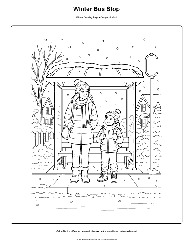 Winter Bus Stop free printable winter coloring page.