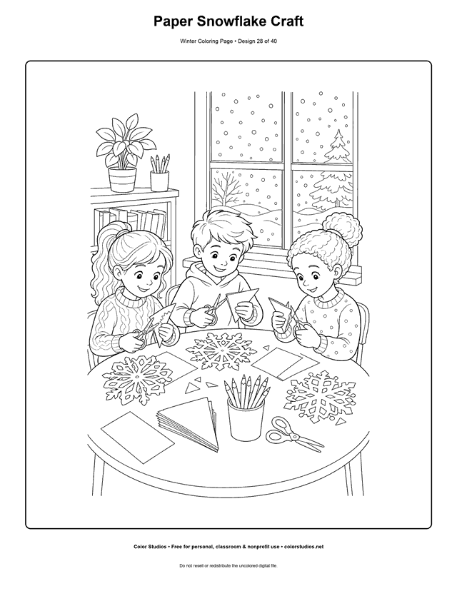 Paper Snowflake Craft free printable winter coloring page.