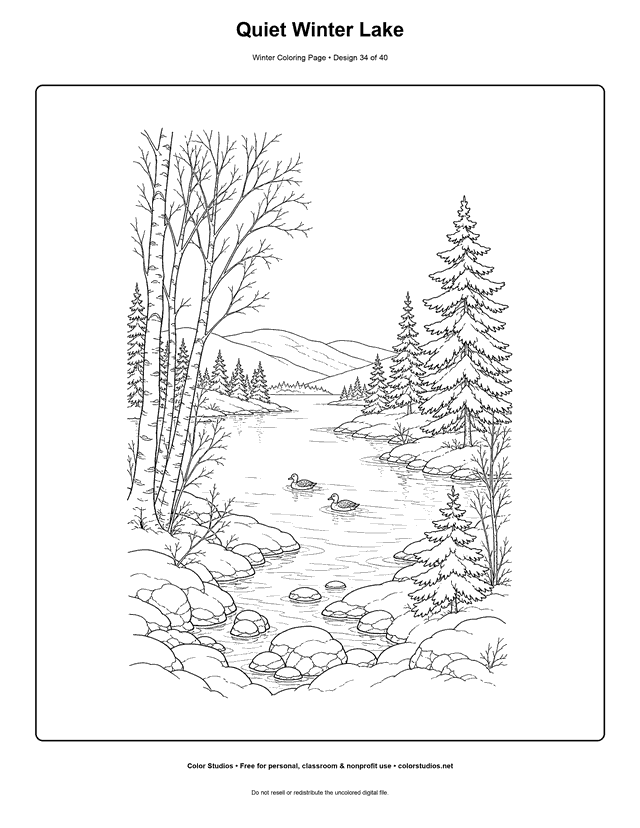 Quiet Winter Lake free printable winter coloring page.