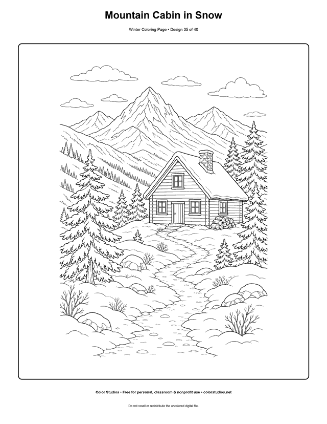 Mountain Cabin in Snow free printable winter coloring page.