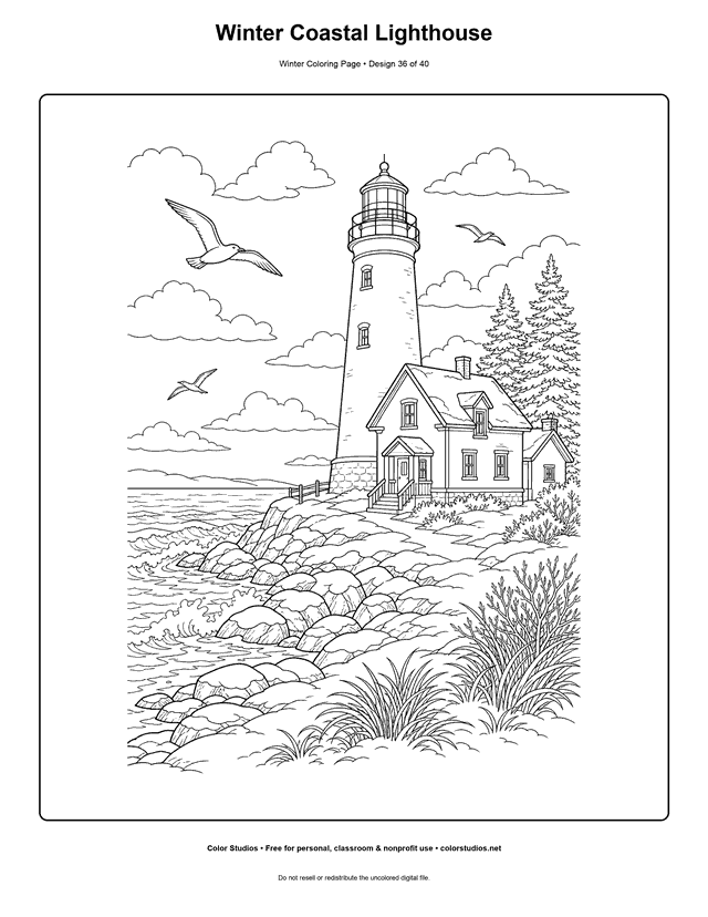Winter Coastal Lighthouse free printable winter coloring page.