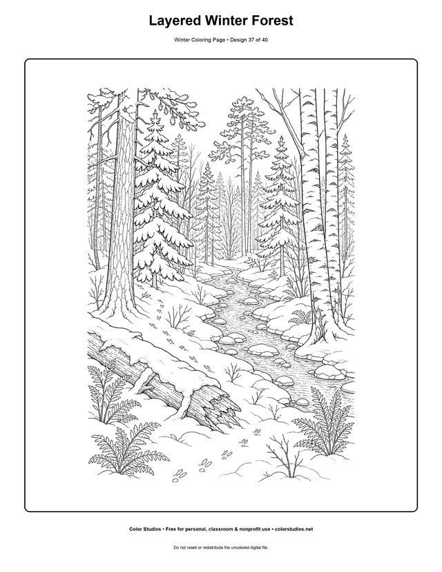Layered Winter Forest free printable winter coloring page.