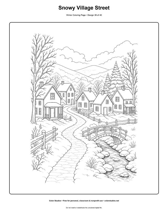 Snowy Village Street free printable winter coloring page.
