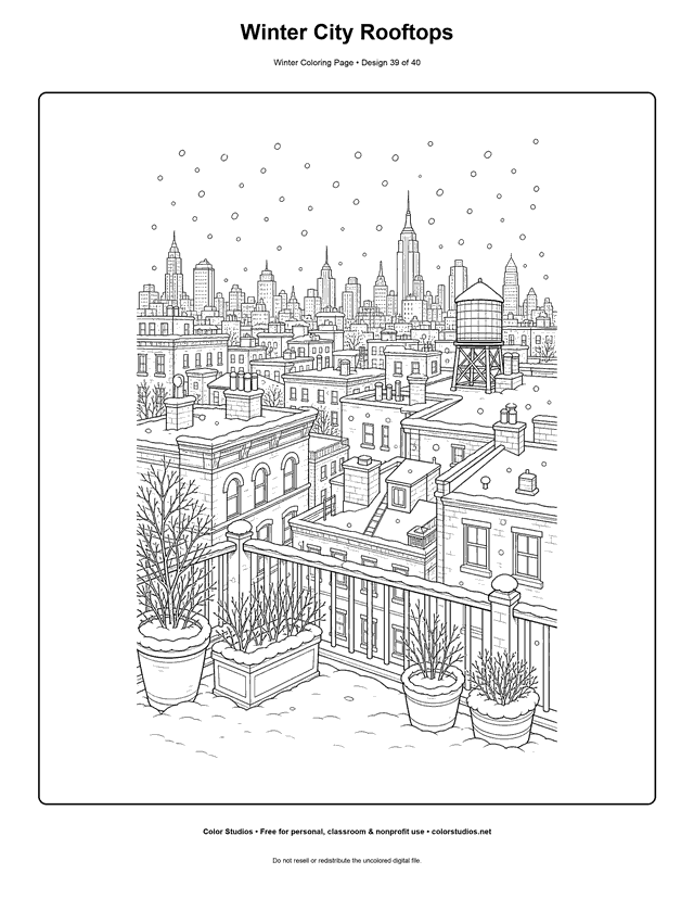 Winter City Rooftops free printable winter coloring page.