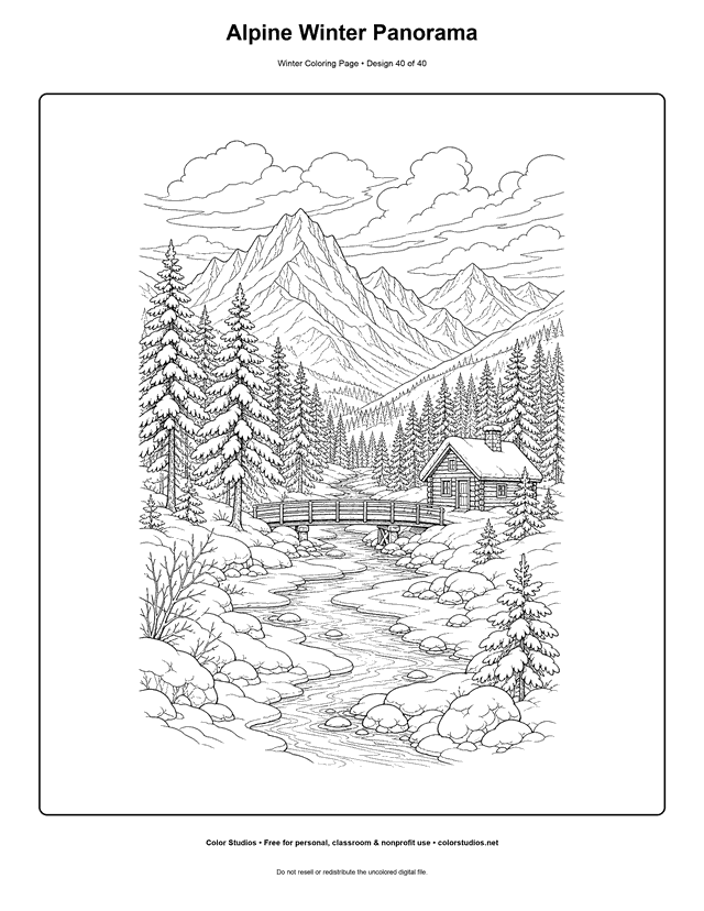 Alpine Winter Panorama free printable winter coloring page.