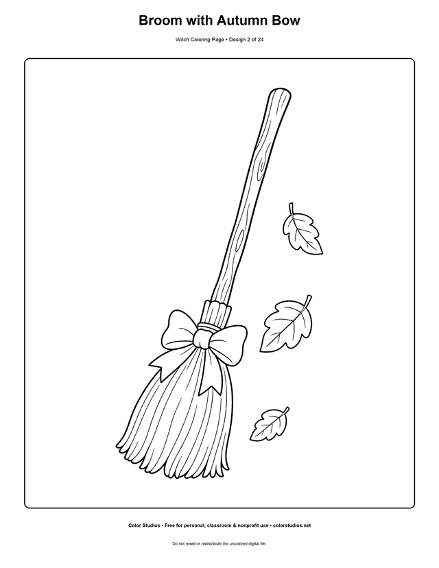 Broom with Autumn Bow free printable friendly witch coloring page.