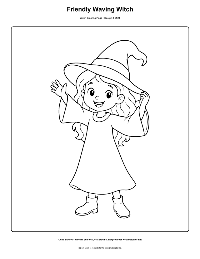 Friendly Waving Witch free printable friendly witch coloring page.