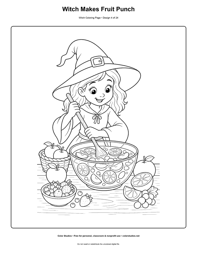 Witch Makes Fruit Punch free printable friendly witch coloring page.