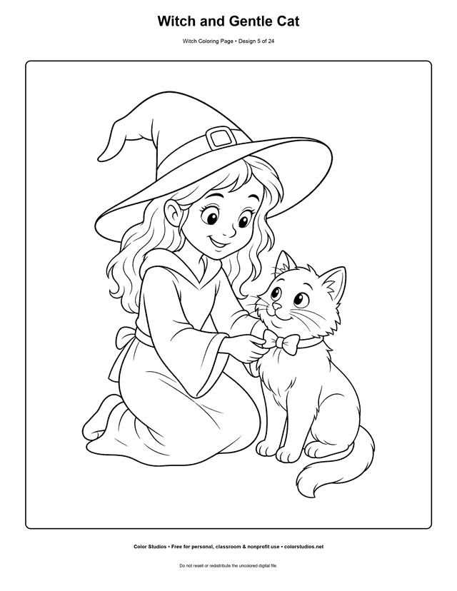 Witch and Gentle Cat free printable friendly witch coloring page.
